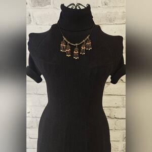 Antique Gold Tone Orange Beaded Chandelier Fringe Boho Statement Necklace